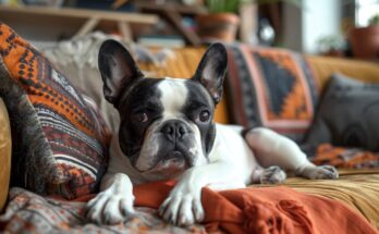 A black and white French Bulldog lying on a couch with colorful patterned pillows and blankets.