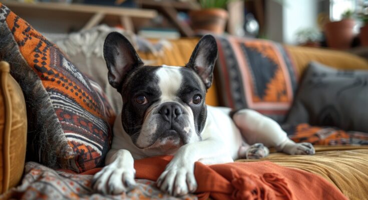 A black and white French Bulldog lying on a couch with colorful patterned pillows and blankets.